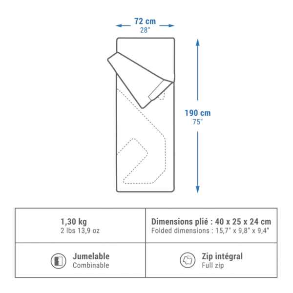 کیسه خواب کمپ و کوه نوردی - QUECHUA - Arpenase 15 °C Comfort - مشکی - Image 2