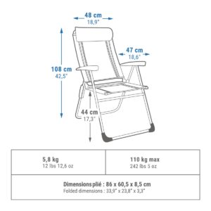 صندلی تاشو کمپ و کوه نوردی دکتلون – QUECHUA Reclining Foldable Camping Chair – Comfort – خاکستری